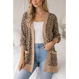 J.Crew Leopard Print Open Cardigan Sz S Merino Wool Blend Tan Animal Button Cozy